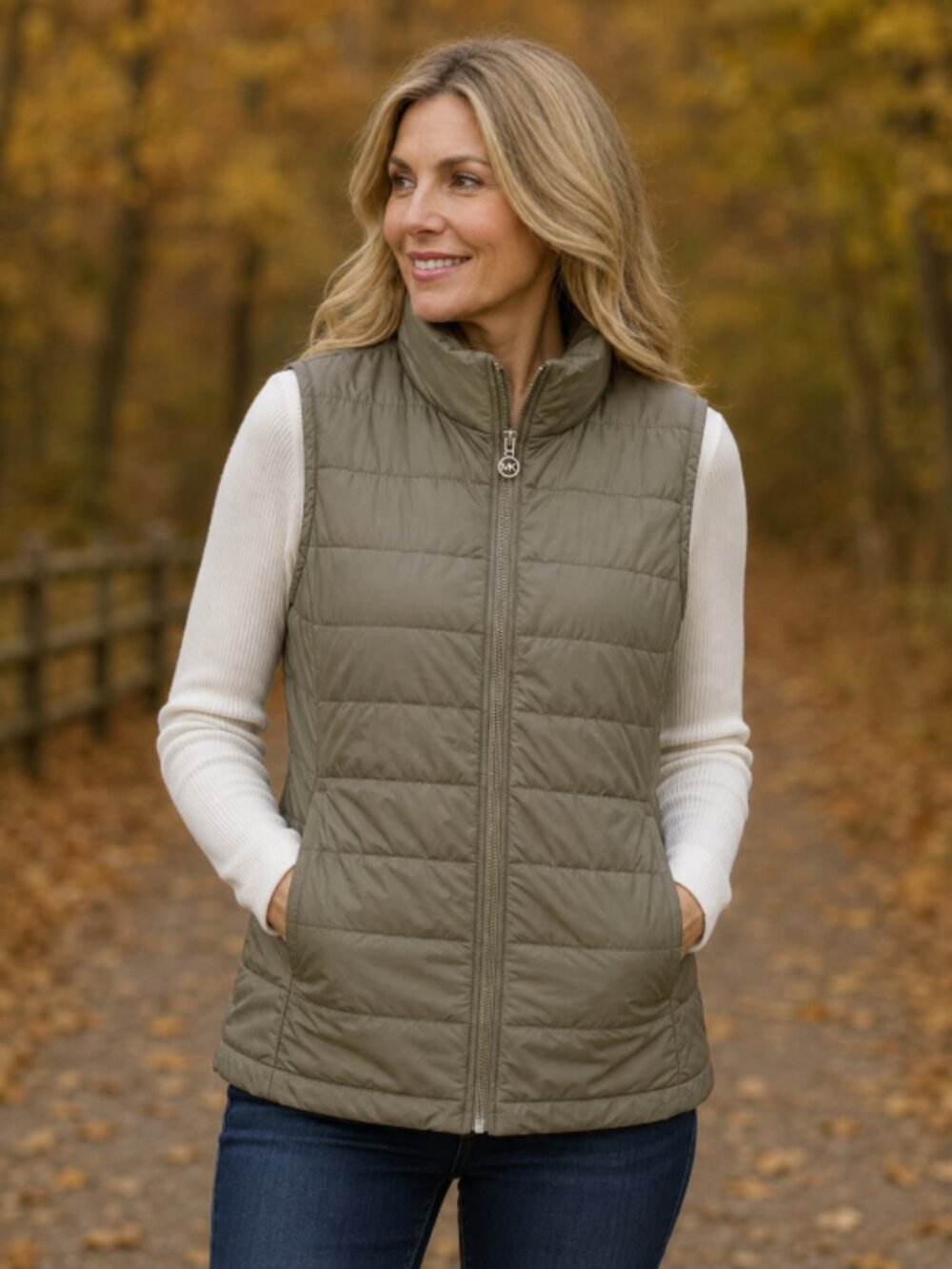Michael Kors Quilted Packable Puffer Vest Taupe Olive Green Medium OH52HUH854